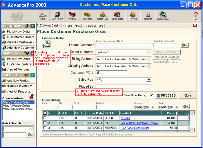 Customers/Place Customer Order - Step 1