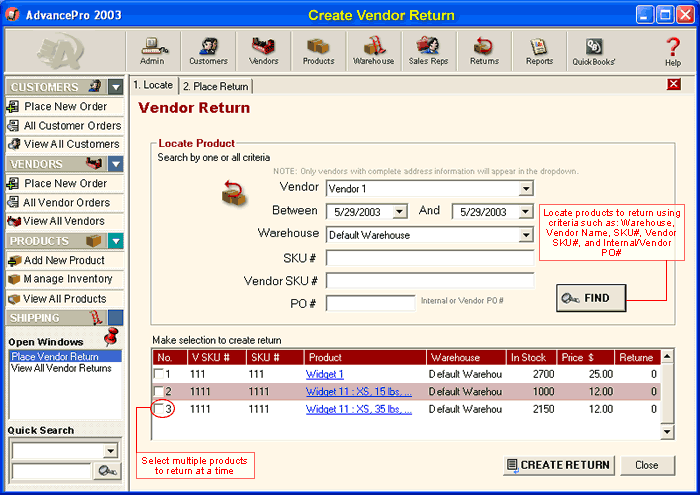 Returns/Place A New Vendor Return