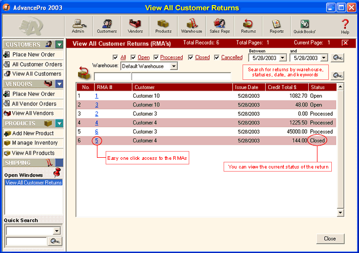 Returns/View All Customer Returns
